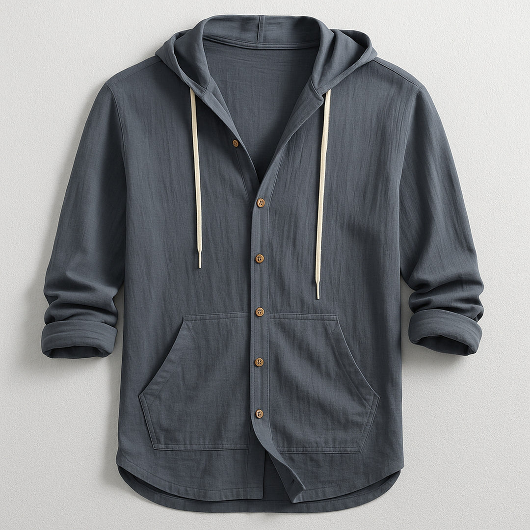 Men's Cotton-Linen Hooded Shirt – Relaxed Button-Up Layer – Grey