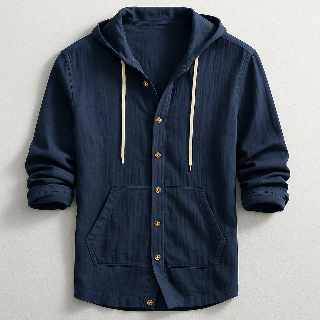 Men's Cotton-Linen Hooded Shirt – Relaxed Button-Up Layer – Navy