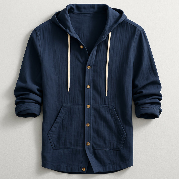 Men's Cotton-Linen Hooded Shirt – Relaxed Button-Up Layer – Navy