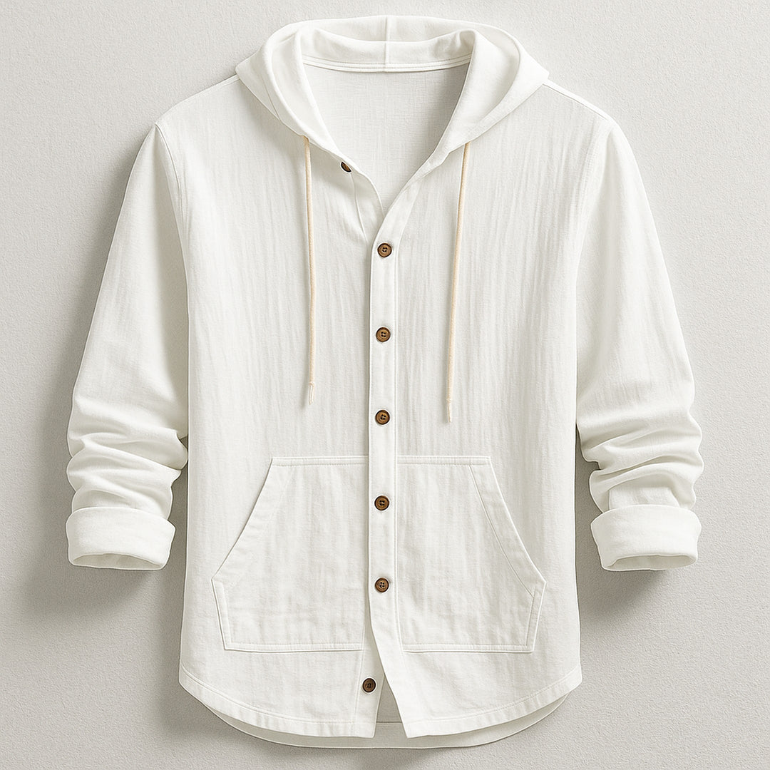 Men's Cotton-Linen Hooded Shirt – Relaxed Button-Up Layer – White