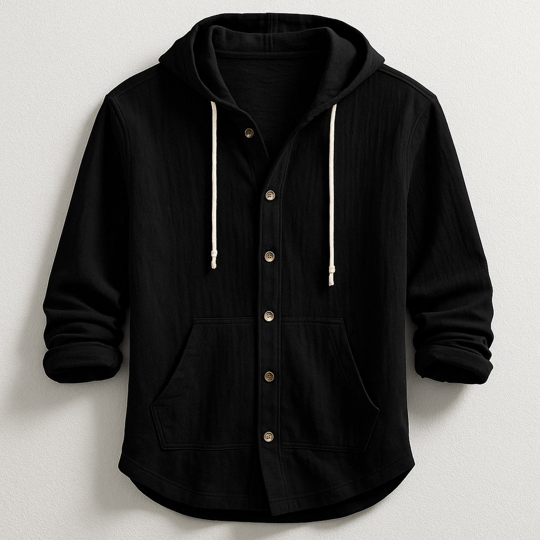 Men's Cotton-Linen Hooded Shirt – Relaxed Button-Up Layer – Black