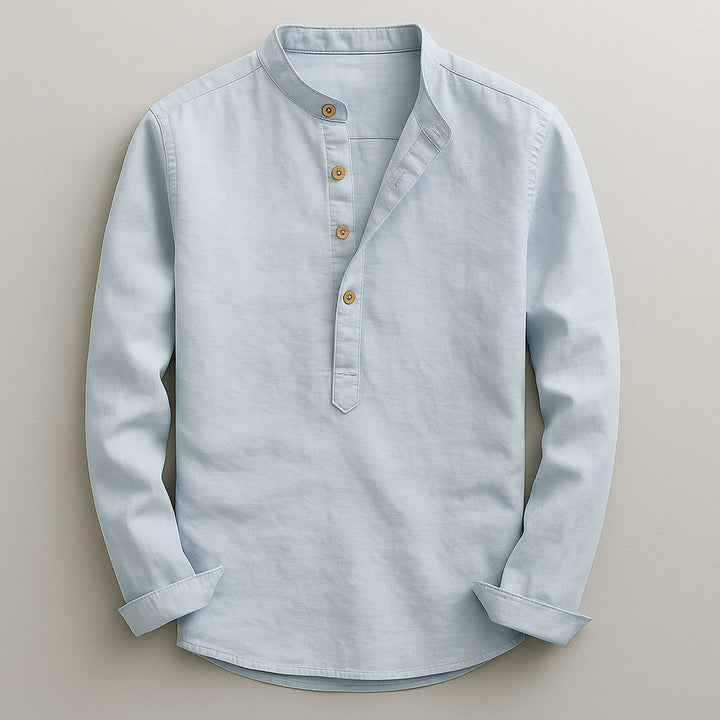 Men's Linen Blend Henley Shirt – Mandarin Collar Summer Top – Blue