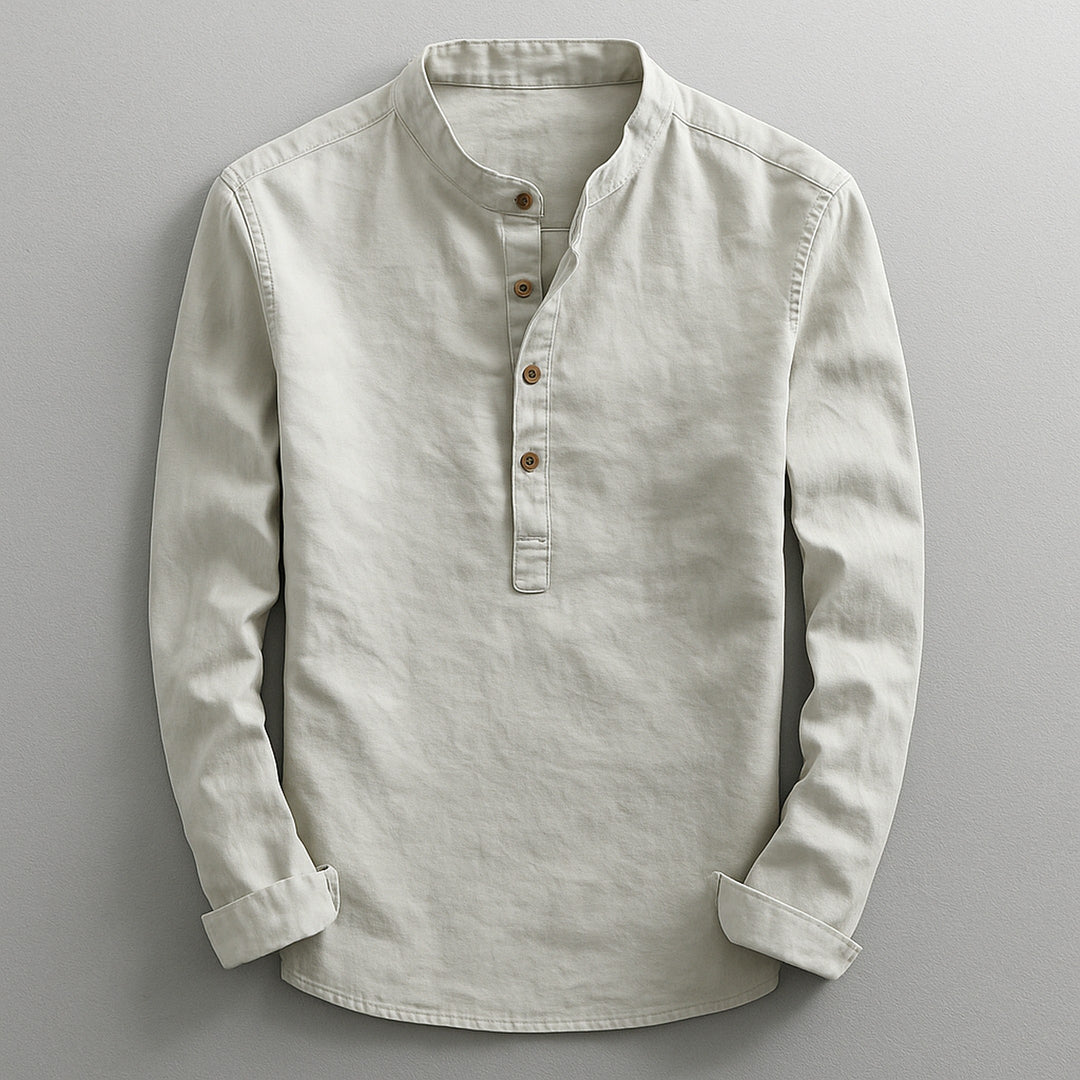 Men's Linen Blend Henley Shirt – Mandarin Collar Summer Top – Grey