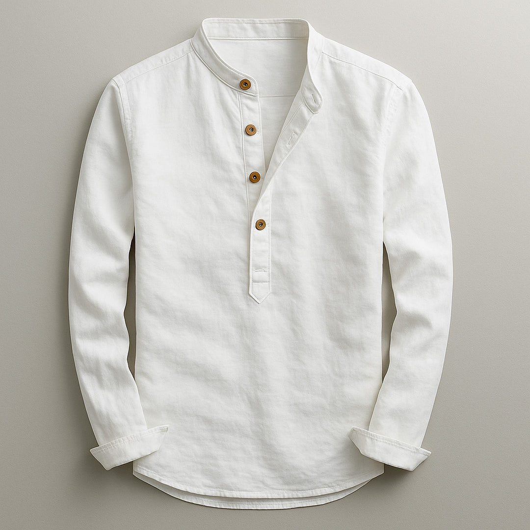 Men's Linen Blend Henley Shirt – Mandarin Collar Summer Top – White