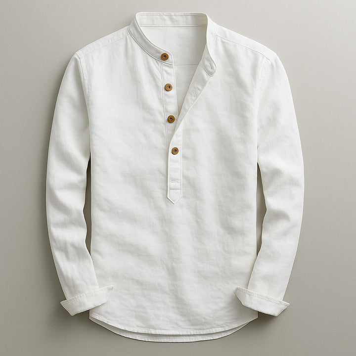 Men's Linen Blend Henley Shirt – Mandarin Collar Summer Top – White