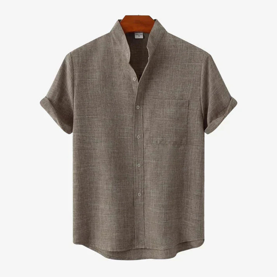 Men's Linen Blend Grandad Collar Shirt – Relaxed Summer Fit – Coffee