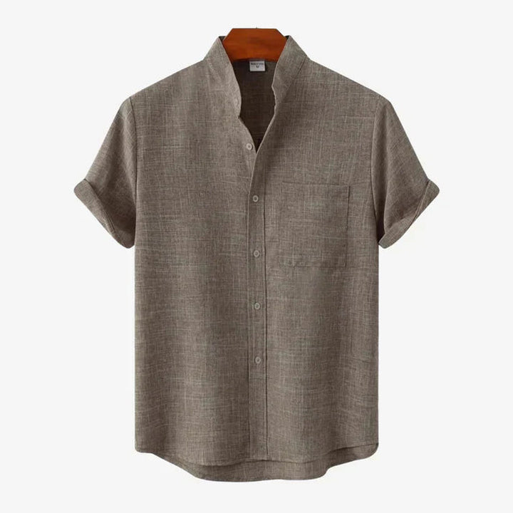 Men's Linen Blend Grandad Collar Shirt – Relaxed Summer Fit – Coffee