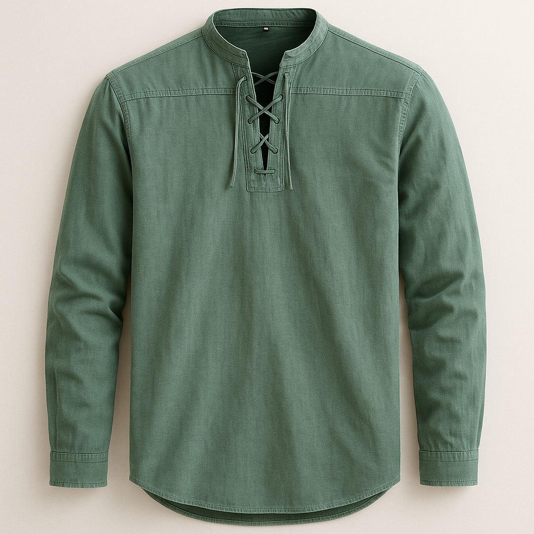 Men's Linen Cotton Lace-Up Shirt – Band Collar Relaxed Fit – Green
