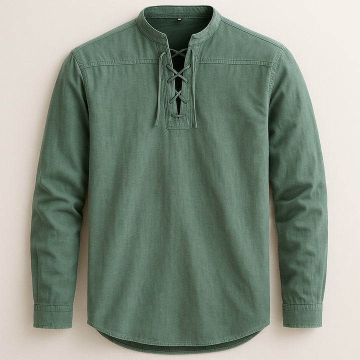 Men's Linen Cotton Lace-Up Shirt – Band Collar Relaxed Fit – Green