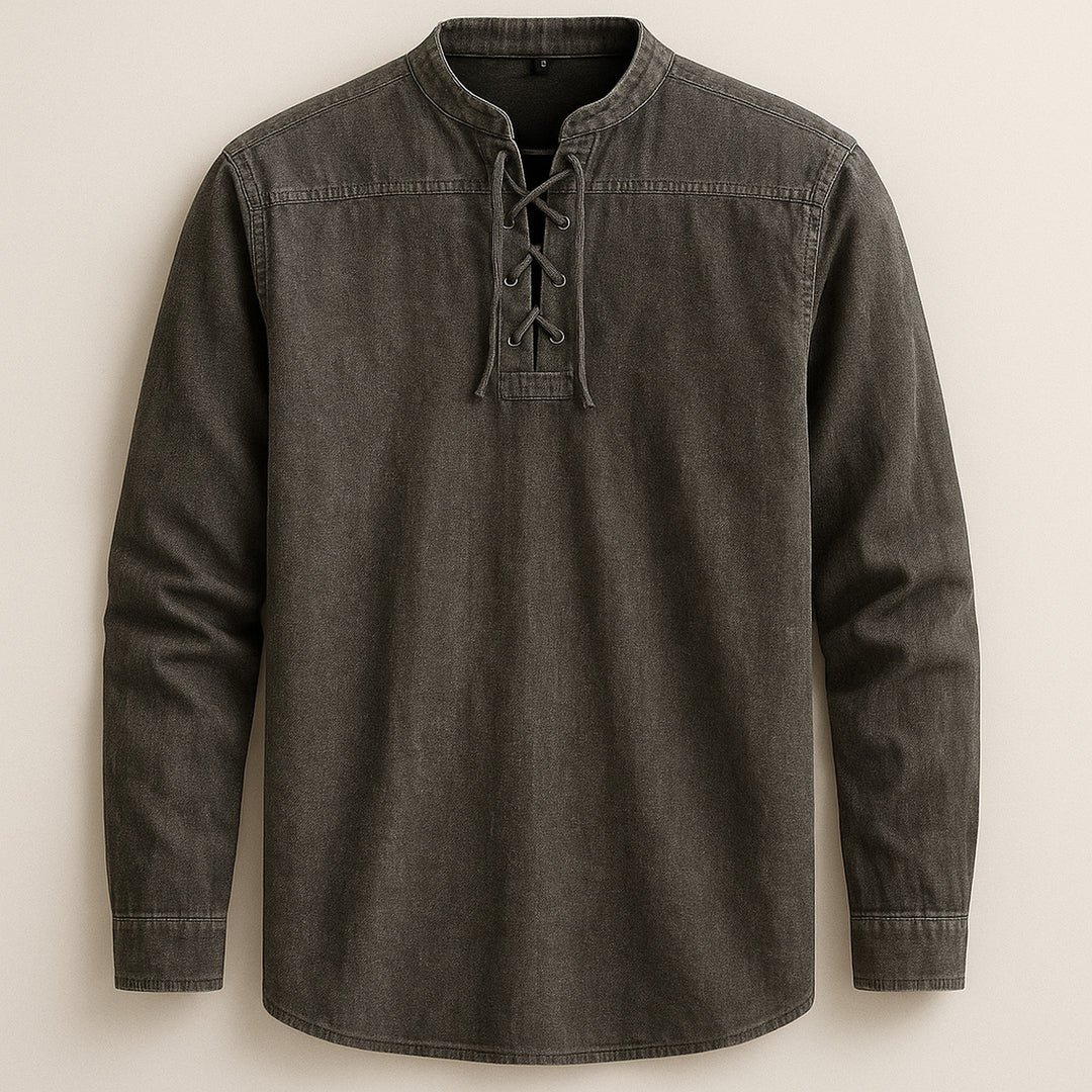 Men's Linen Cotton Lace-Up Shirt – Band Collar Relaxed Fit – Grey