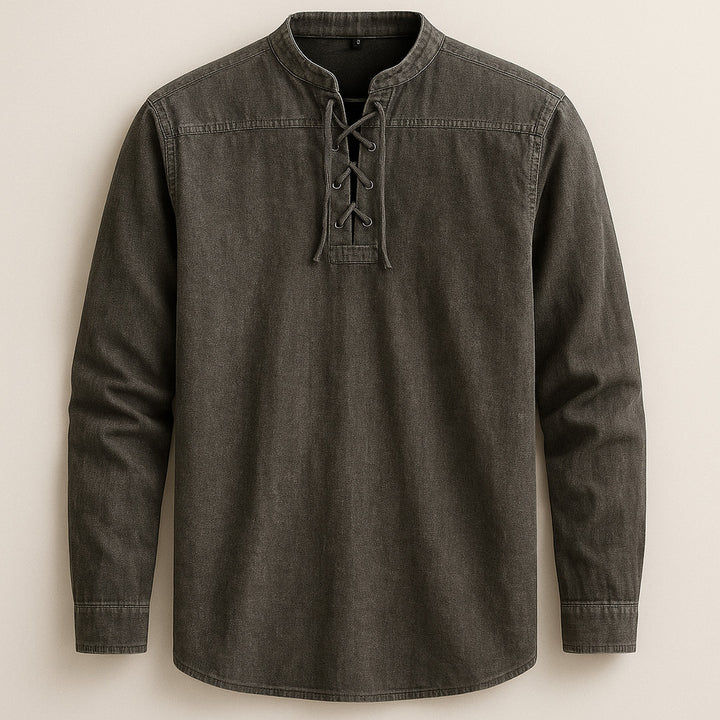 Men's Linen Cotton Lace-Up Shirt – Band Collar Relaxed Fit – Grey