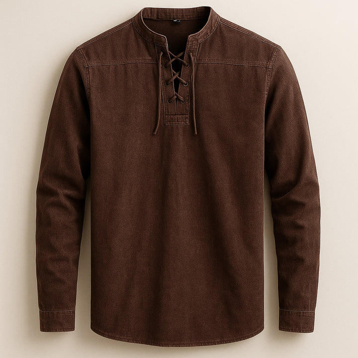 Men's Linen Cotton Lace-Up Shirt – Band Collar Relaxed Fit – Brown