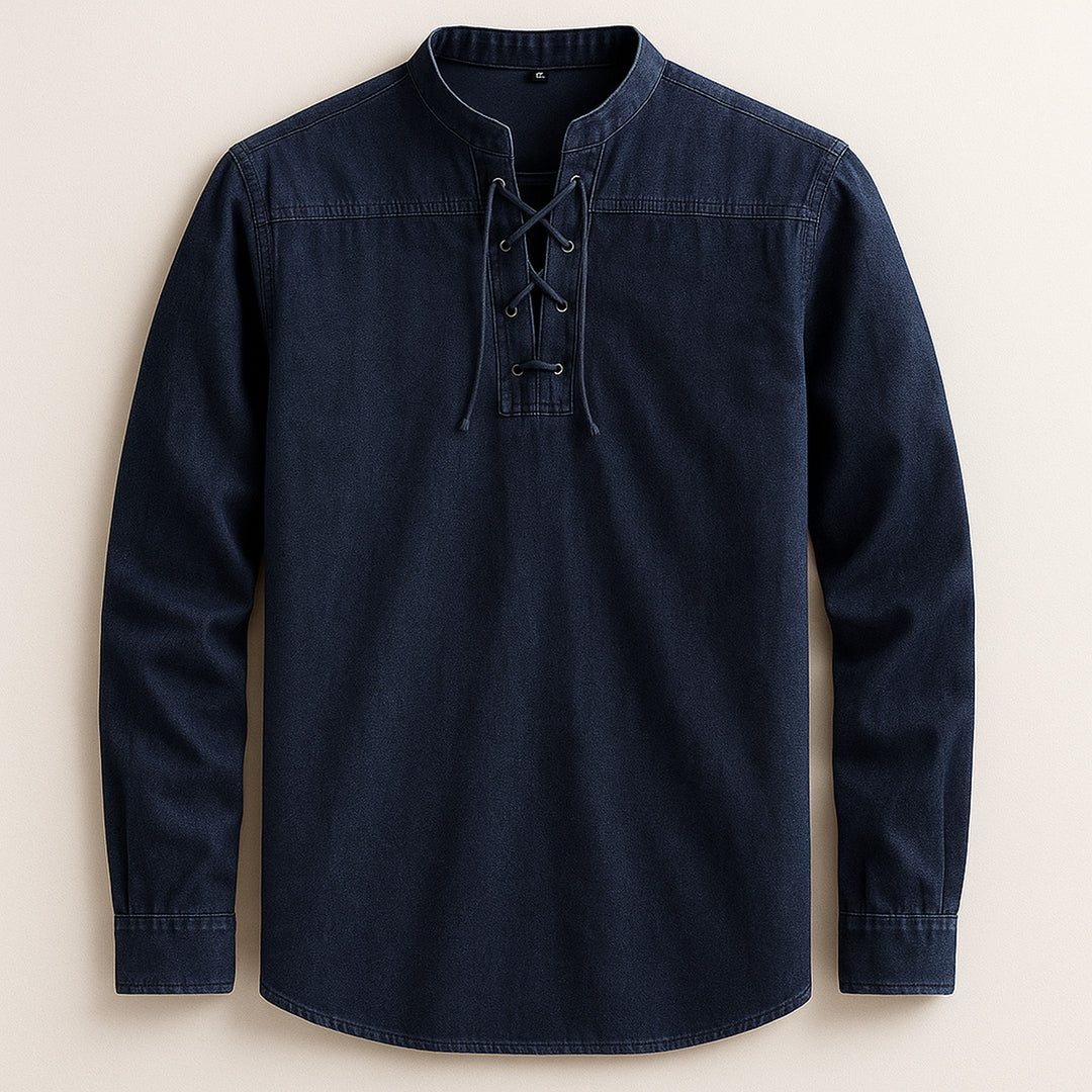 Men's Linen Cotton Lace-Up Shirt – Band Collar Relaxed Fit – Navy