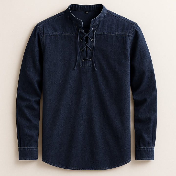 Men's Linen Cotton Lace-Up Shirt – Band Collar Relaxed Fit – Navy