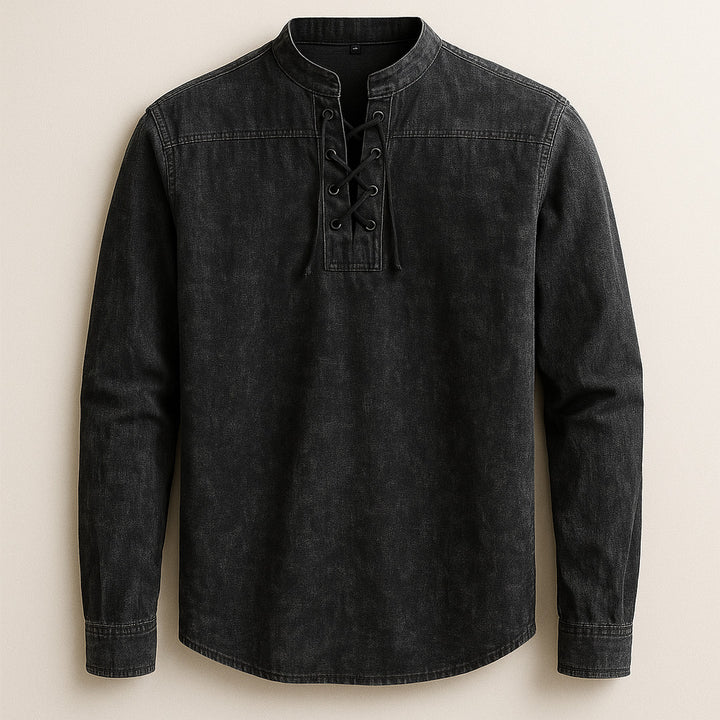 Men's Linen Cotton Lace-Up Shirt – Band Collar Relaxed Fit – Black