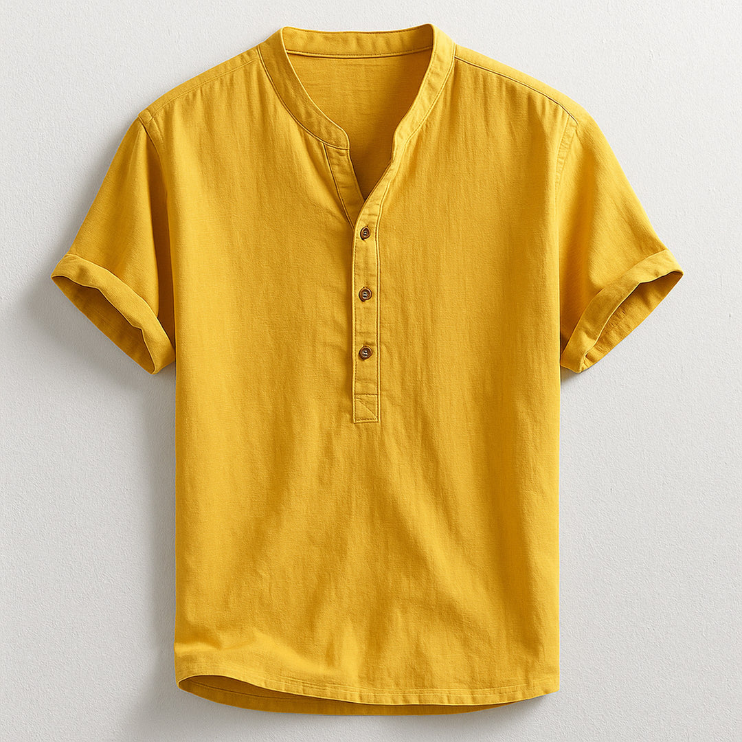 Men's Linen Cotton Henley – Band Collar Summer Shirt – Mustard