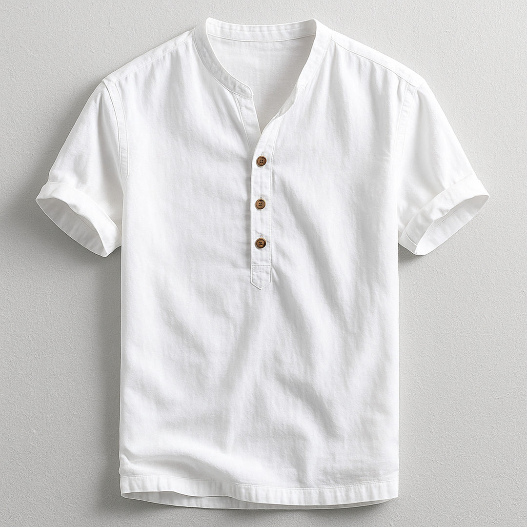 Men's Linen Cotton Henley – Band Collar Summer Shirt – White