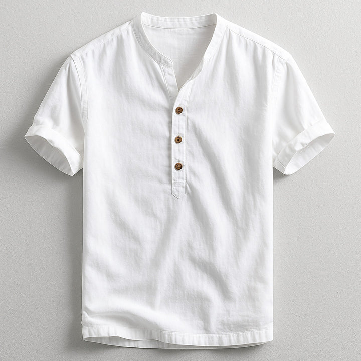 Men's Linen Cotton Henley – Band Collar Summer Shirt – White