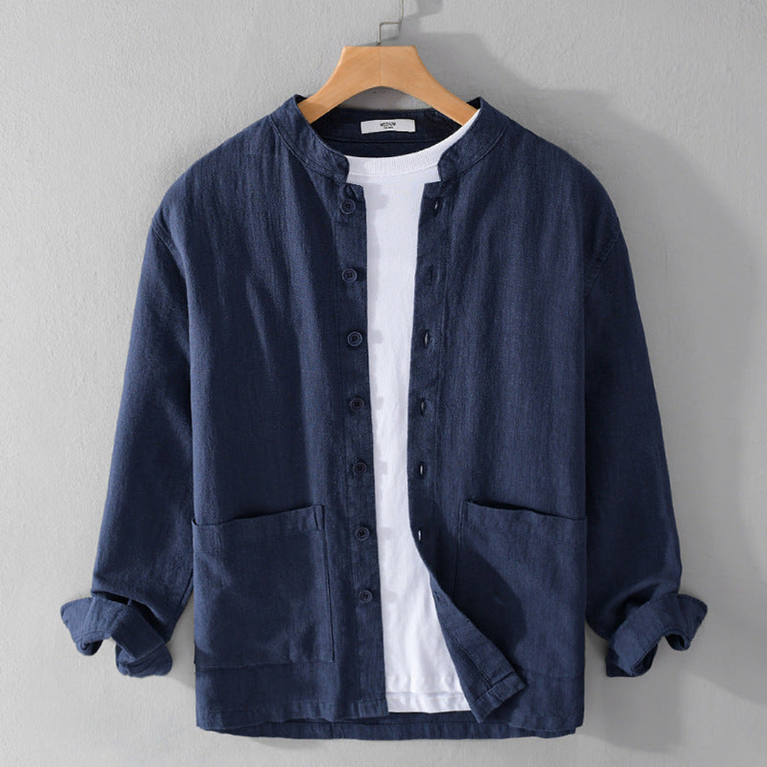 Men's Linen Blend Grandad Collar Shirt – Summer Layering – Grey