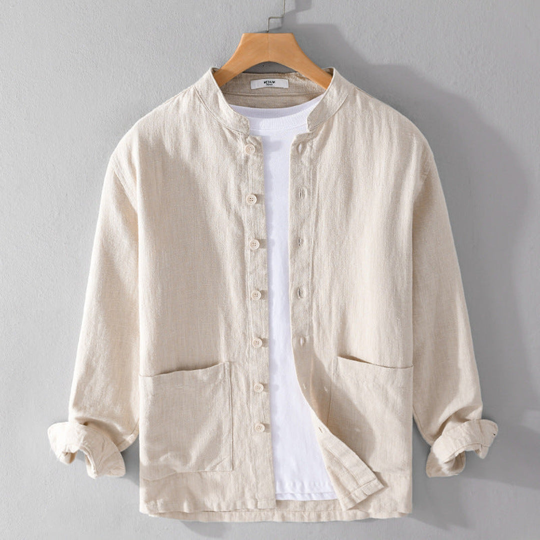 Men's Linen Blend Grandad Collar Shirt – Summer Layering – Navy