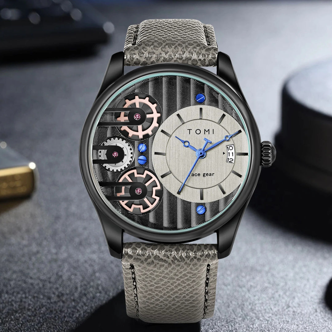 Men's Gearline Quartz Watch – Textured Dial & Leather Strap