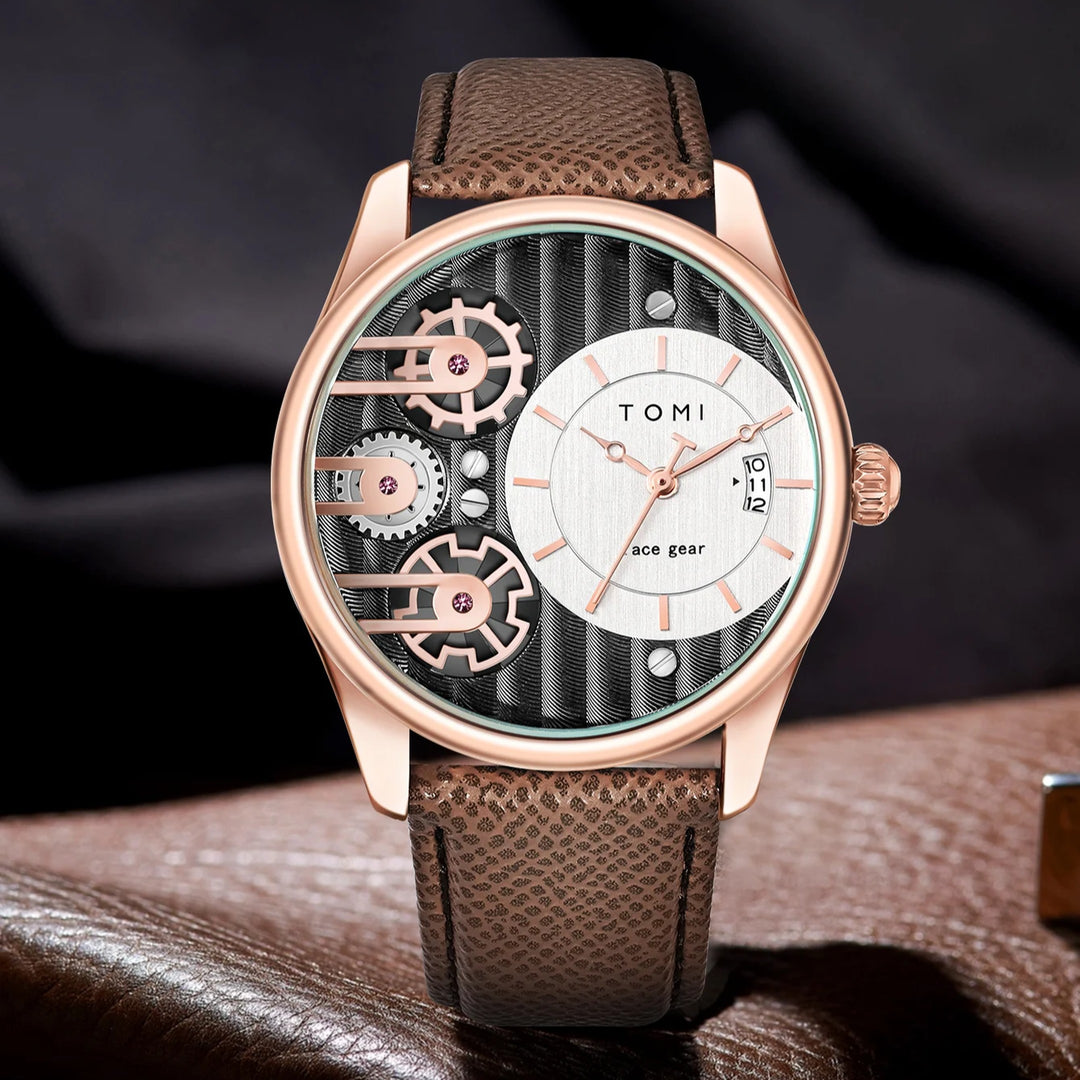 Men's Gearline Quartz Watch – Textured Dial & Leather Strap