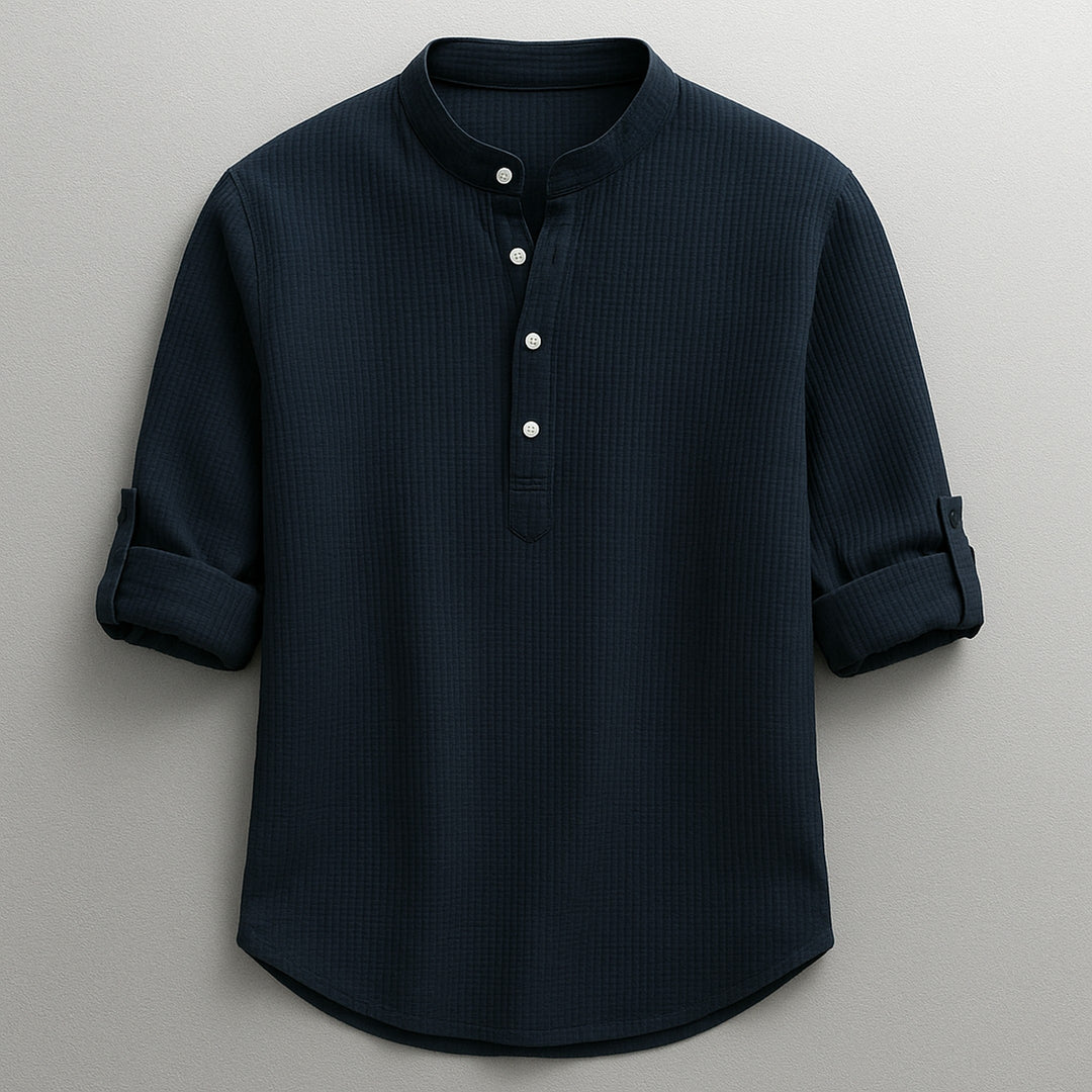 Men's Cotton-Linen Shirt – Tailored Fit with Roll Sleeves – Navy