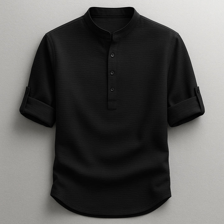 Men's Cotton-Linen Shirt – Tailored Fit with Roll Sleeves – Black