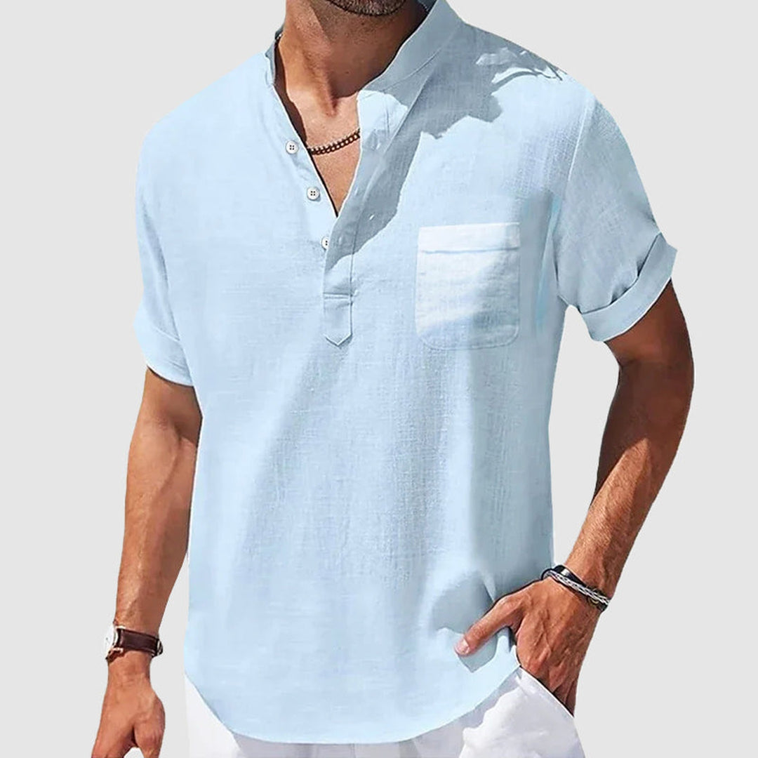 Men's Cotton Henley Shirt – Breathable Casual Summer Top – Light Blue