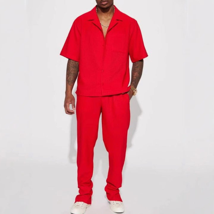Men's Linen-Blend Shirt and Trousers Set – Summer Co-ord – Red