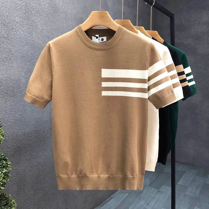 Men's Cotton Knit Tee – Striped Ribbed Trim – Everyday Comfort – Brown