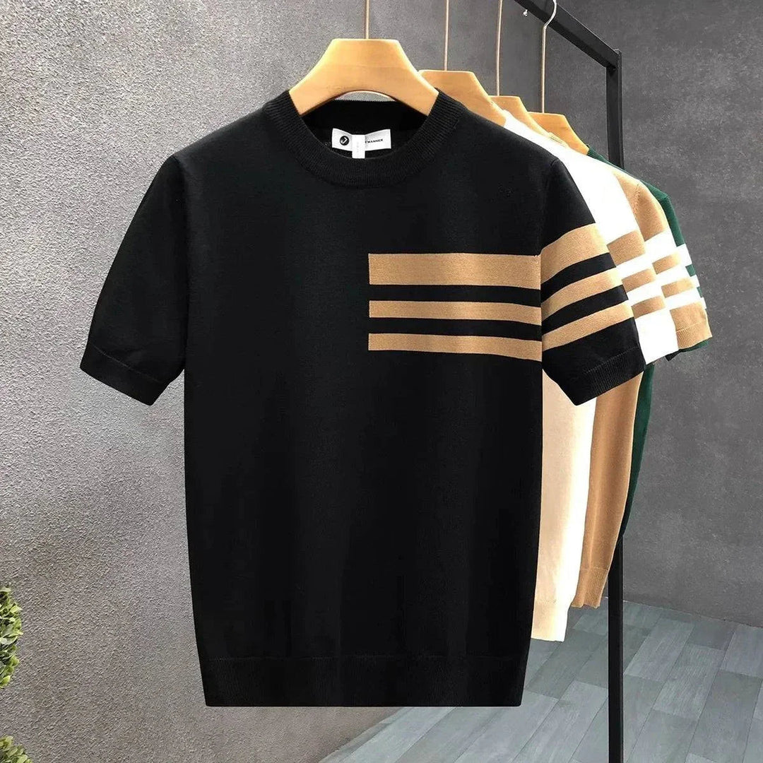 Men's Cotton Knit Tee – Striped Ribbed Trim – Everyday Comfort – Black