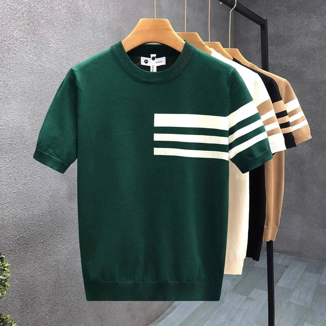 Men's Cotton Knit Tee – Striped Ribbed Trim – Everyday Comfort – Green