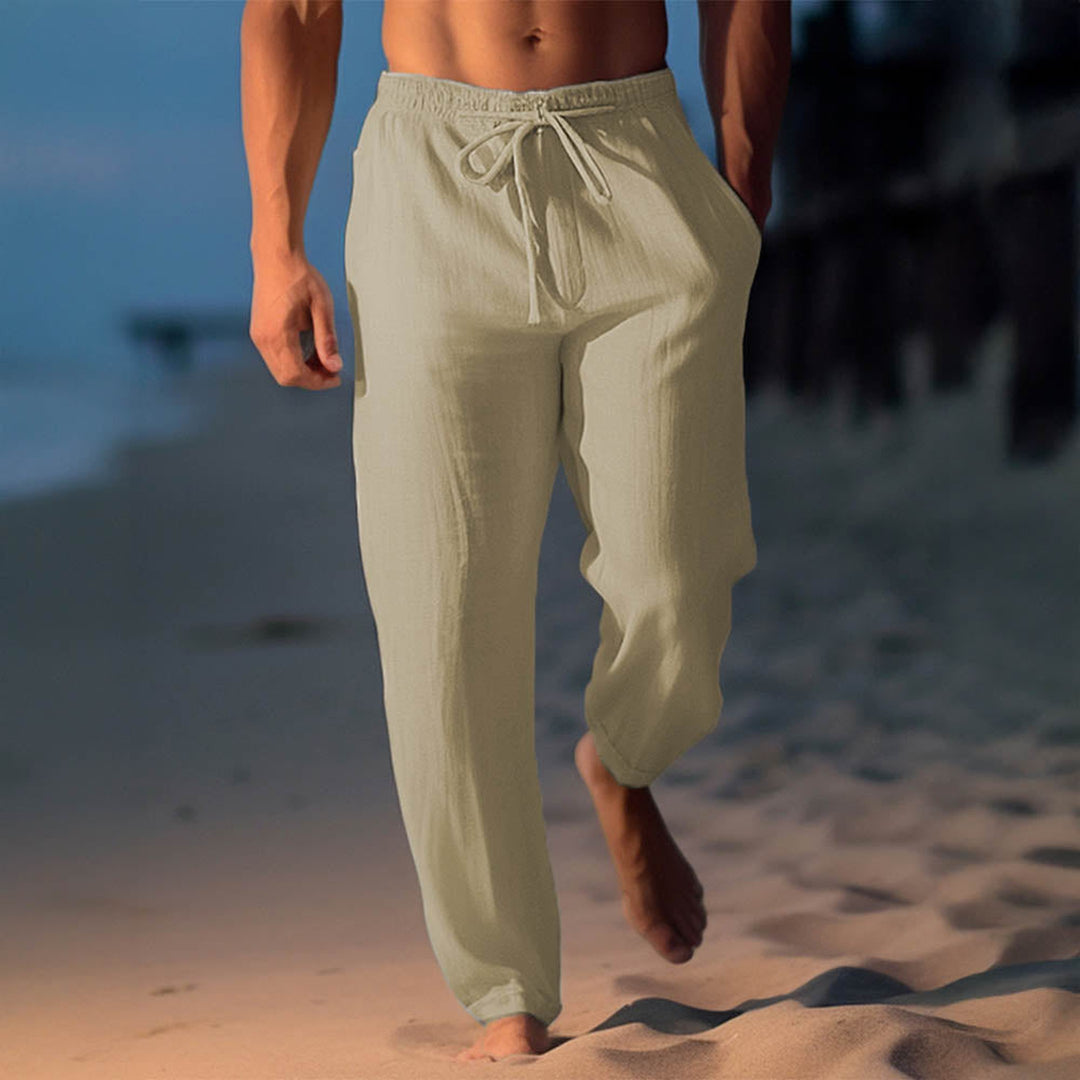 Men's Linen Blend Drawstring Trousers – Relaxed Summer Fit – Green