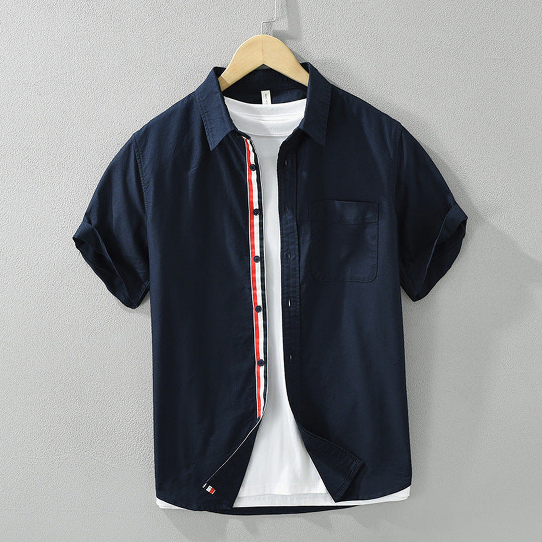 Men's Linen Short Sleeve Shirt – Striped Placket Summer Style – Navy