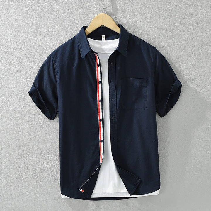 Men's Linen Short Sleeve Shirt – Striped Placket Summer Style – Navy