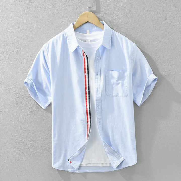 Men's Linen Short Sleeve Shirt – Striped Placket Summer Style – Grey