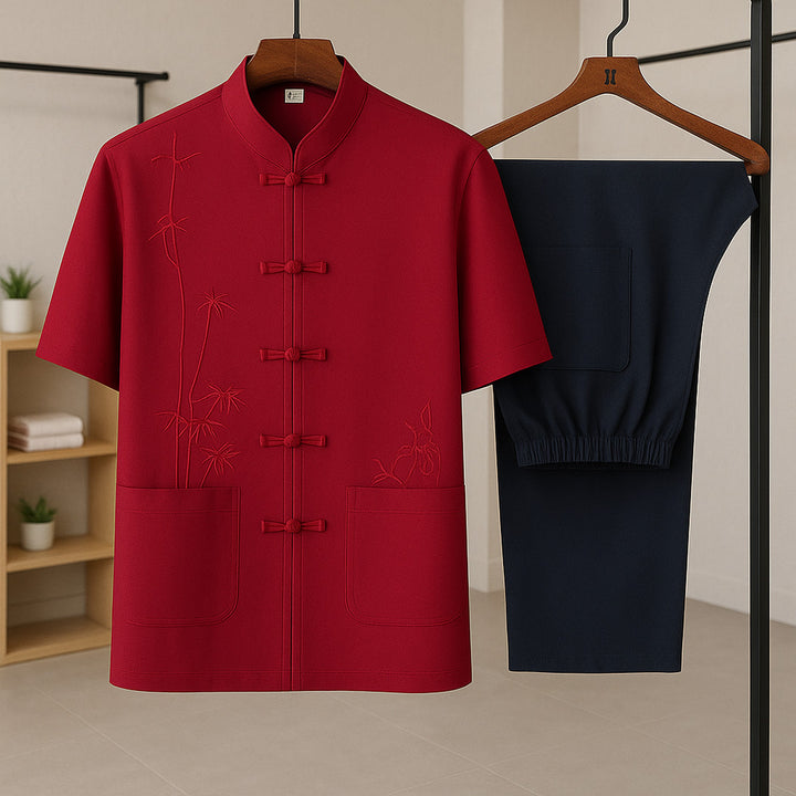 Men's Silk-Blend Co-Ord Set – Breathable Summer Two-Piece – Red