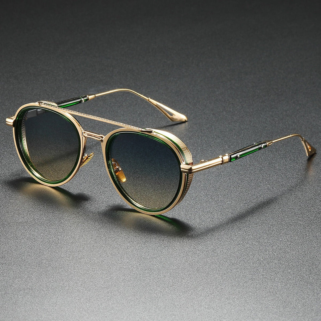 Men's Round Metal Sunglasses – Double Bridge Retro Frames – Green