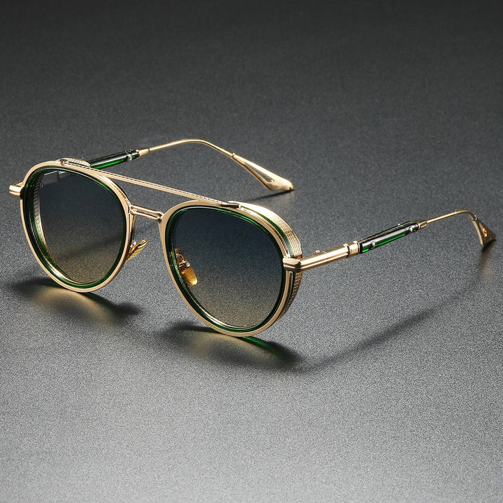 Men's Round Metal Sunglasses – Double Bridge Retro Frames – Green