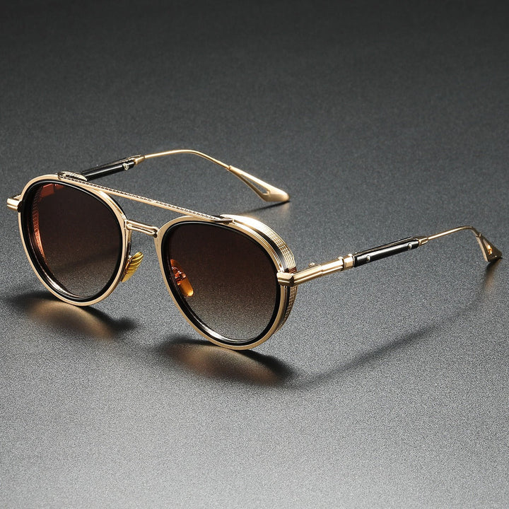 Men's Round Metal Sunglasses – Double Bridge Retro Frames – Gold & Brown Lenses