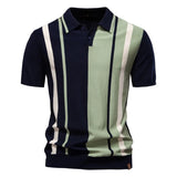 Men's Striped Knit Polo Shirt – Retro Collar Smart Casual Top