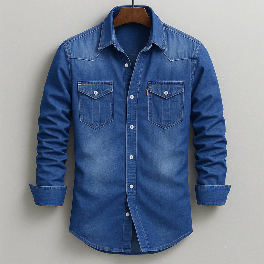 Men's Soft-Washed Denim Shirt – Casual Snap-Pocket Button-Down – Light Blue