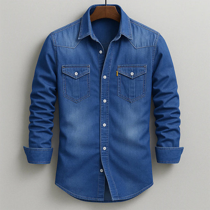 Men's Soft-Washed Denim Shirt – Casual Snap-Pocket Button-Down – Light Blue