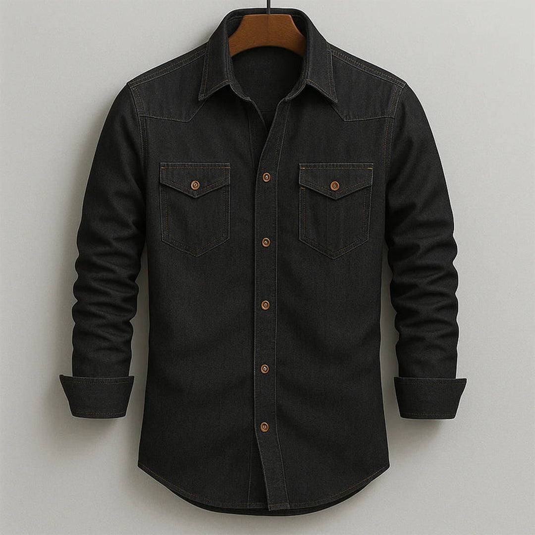 Men's Soft-Washed Denim Shirt – Casual Snap-Pocket Button-Down – Dark Blue