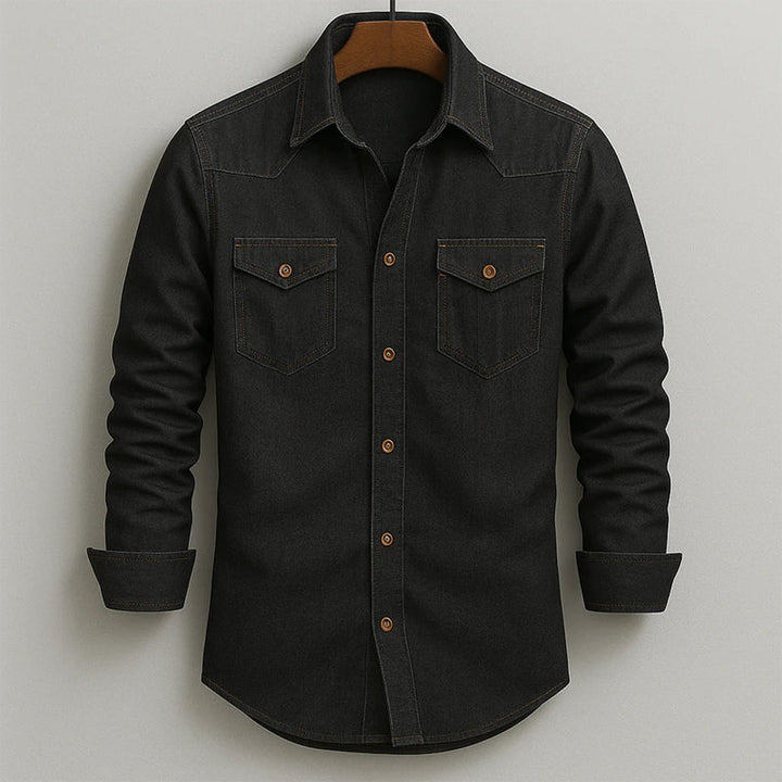 Men's Soft-Washed Denim Shirt – Casual Snap-Pocket Button-Down – Dark Blue
