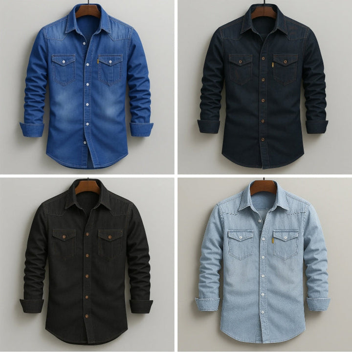 Men's Soft-Washed Denim Shirt – Casual Snap-Pocket Button-Down – Black