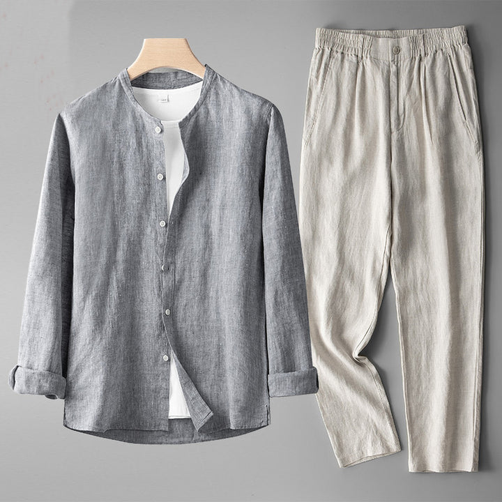 Gianni Men's Linen Co-ord Set – Band Collar Shirt & Trousers – Grey