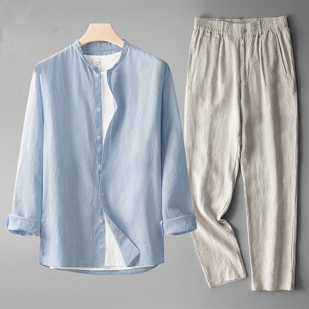 Gianni Men's Linen Co-ord Set – Band Collar Shirt & Trousers – Sky Blue