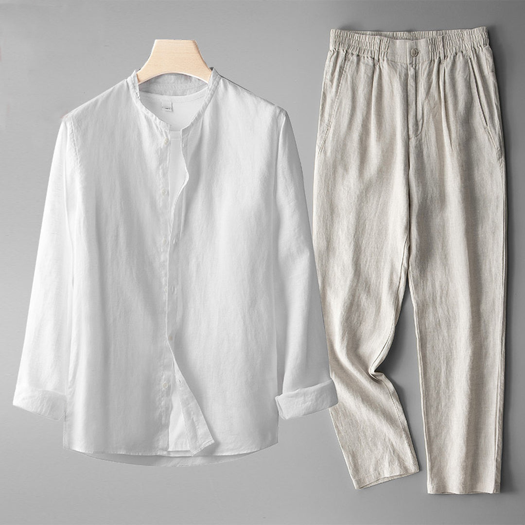 Gianni Men's Linen Co-ord Set – Band Collar Shirt & Trousers – White